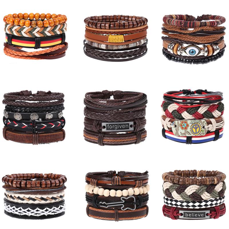 Retro Woven Cowhide Leather Men's Bracelet Set - European & American Handmade DIY Knot