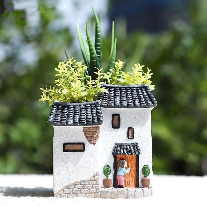 Rustic Resin House Succulent Planter Desktop Decoration Ornament