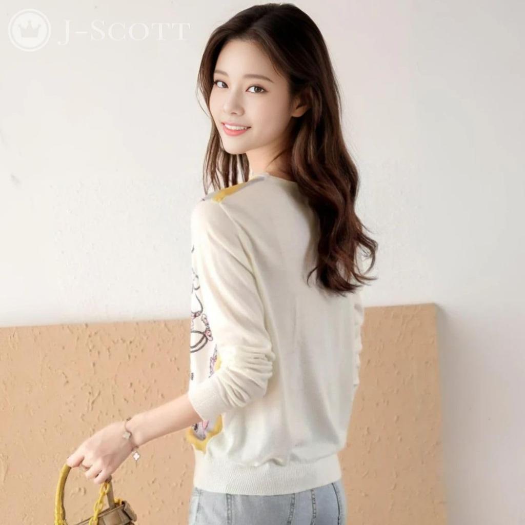 J-Scott Women's Knit Top, Pullover, Round Neck, Layered with Different Materials, Scarf Print, Leopard Print, White, JS163-WH-L