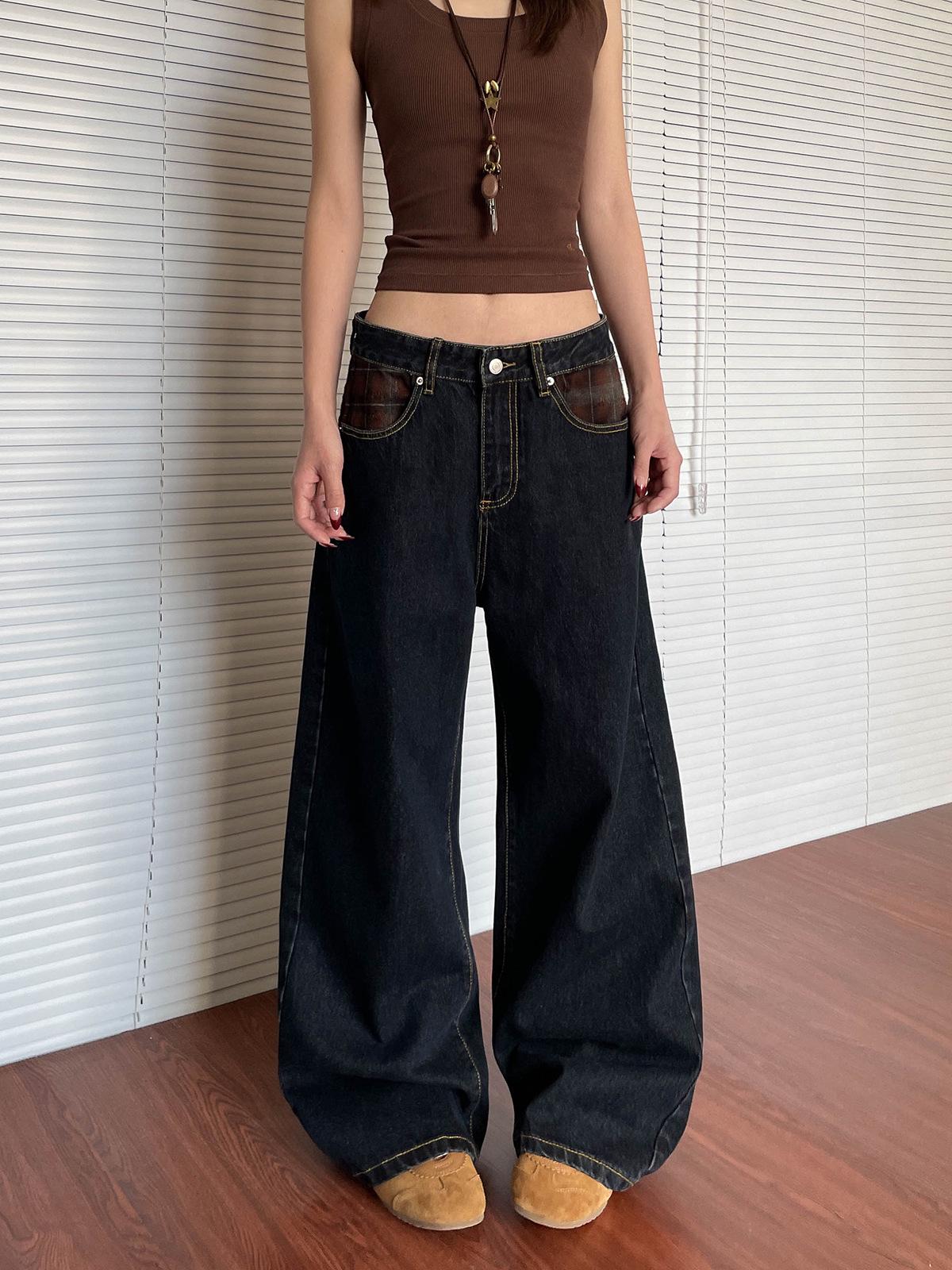 American Retro Plaid Patchwork Jeans: New Loose Straight-Leg Streetwear XXXL чёрный/синий