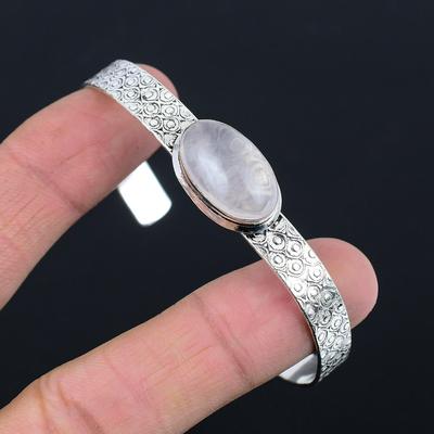 Natural Rose Quartz Gemstone Bangle Adjustable 925 Sterling Silver Jewelry