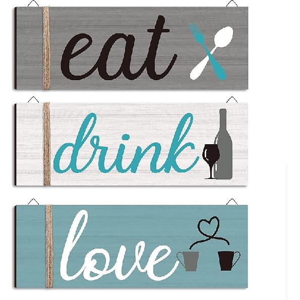 Jetec 3 Pcs Farmhouse Kitchen Wall Decor Rustic Wooden Home Eat Drink Love Sign with Hanging Hole for Home Dining Living Room Bar Cafe Decor(Vivid