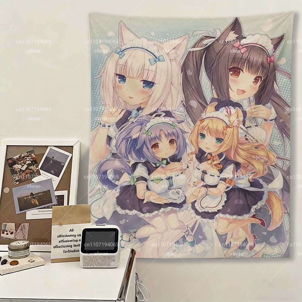 NEKOPARA Katzenmädchen Wandteppich Chocola Vanilla Maid Anime Wandbehang Kawaii Nekomimi Kunst für Schlafzimmer Wohnheim Dekoration Weiches Polyester