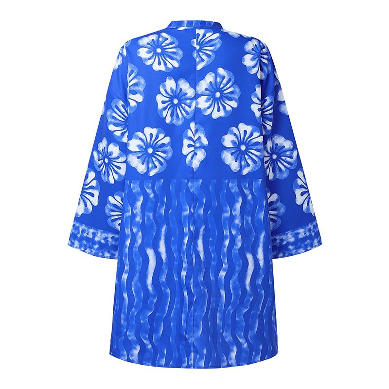 Plus Size Women Long Sleeve Floral Print Pockets Casual Loose Minig Dress