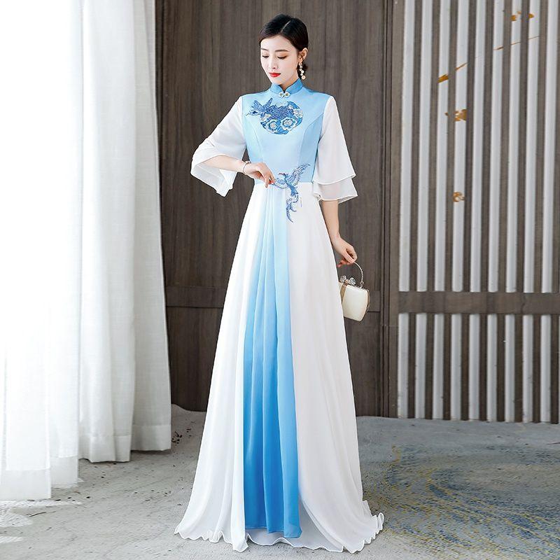 Classical Dance Costumes, Chinese Style Modified Cheongsam Performance Costumes For Women, Stage Chorus Evening Dresses