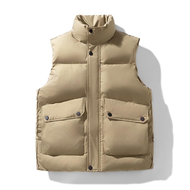 Men's Stand Collar Quilted Puffer Vest Snap Button Zip Up Sleeveless Padded Jacket With Pockets Thick Winter Outerwear