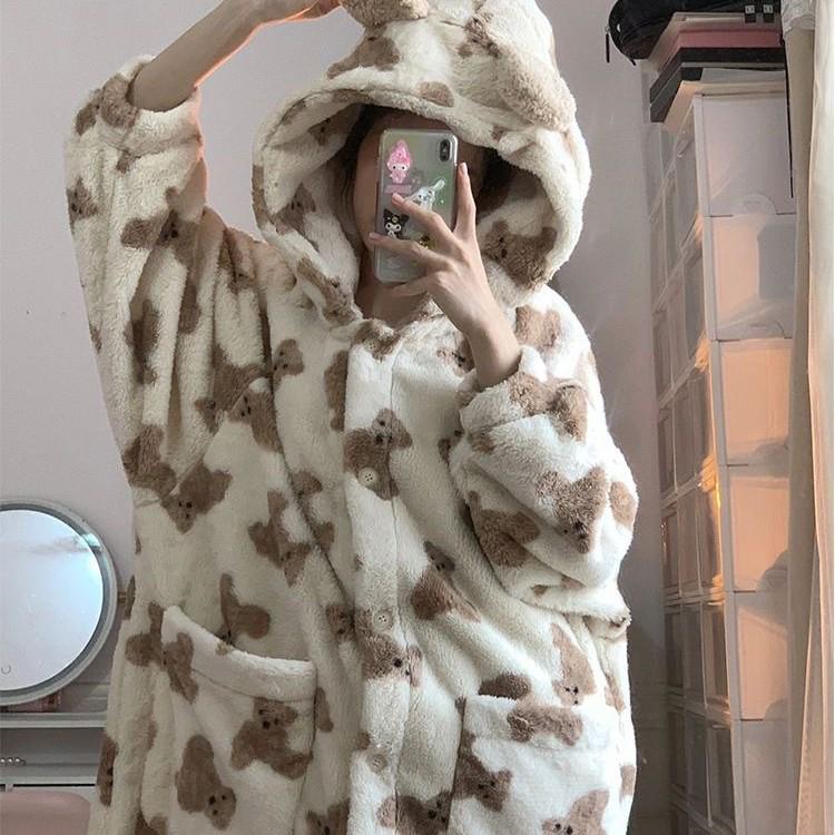 Cute Teddy Bear Coral Fleece Pajamas for Women - Autumn/Winter 2026 Thick Flannel Sleep Dress