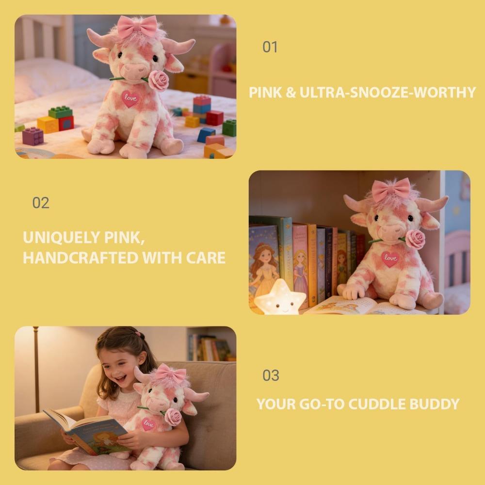 Pink Highland Cow Valentine's Day Gift, 2026 Upgraded Pink Highland Cow Plush Toy, 14-Inch Highland Cow Plush Toy
