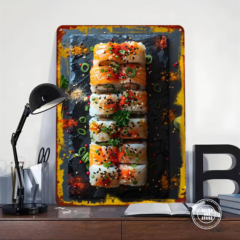Sushi Rolls on Slate Plate Poster Customized Wall Art Vintage Metal Signs Retro Tin Plaque for Man Cave Room Decoration Gaming