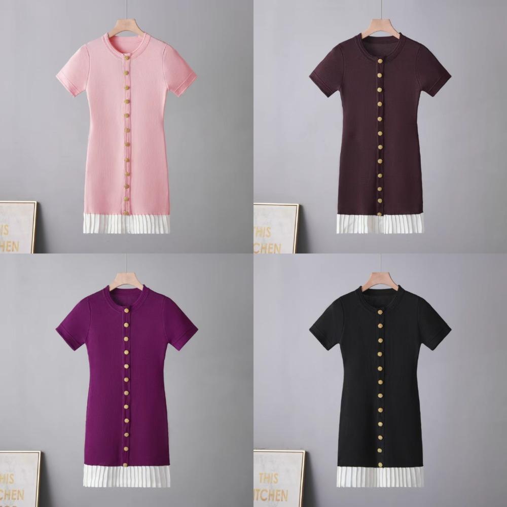 Summer New Button Slim Commute Dress French Style Contrast Color Short Sleeve Dress Elegant O-neck High Waist Pleated Mini Dress