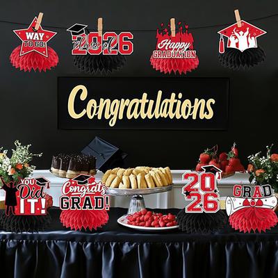 12Pcs 2026 Graduation Honeycomb Decor 3D Honeycomb Centerpieces for Commencement Party Red & Black Theme Bachelor Cap Party Decor for Table Decor