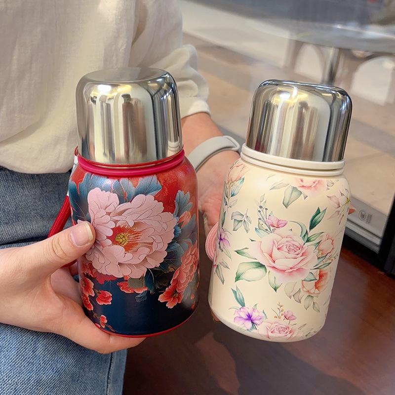 Elegant Chinese Retro Floral Insulated Stainless Steel Water Flask for Women