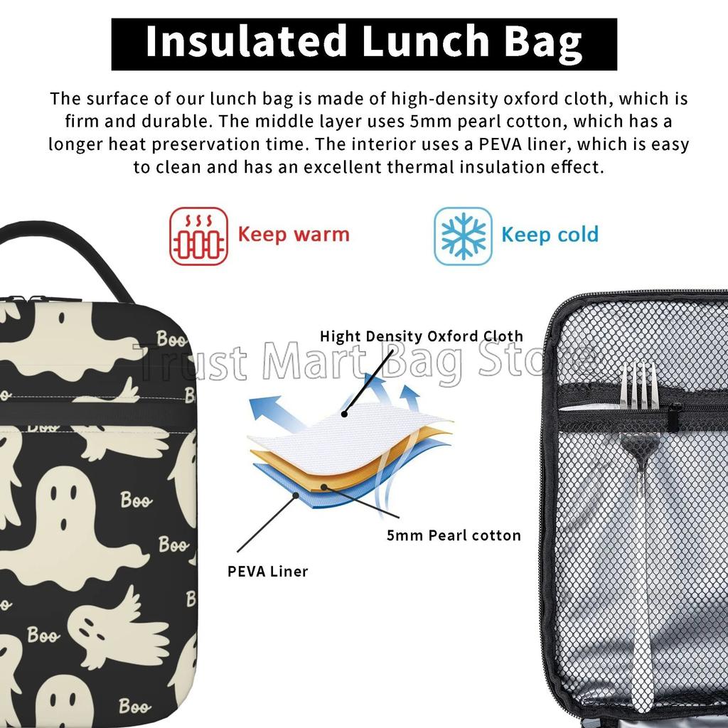 Sac à lunch isotherme motif fantôme Boo Réutilisable Portable Imperméable Sac isotherme pour l'école le travail le pique-nique les voyages en plein air