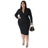 Plus Size European & American Fashion Casual Solid Color V-Neck Long Sleeve Dress