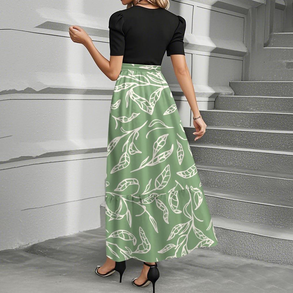Women's Fashion Casual Belt Short Sleeve Round Neck Floral Stitching Elegant Temperament Dress