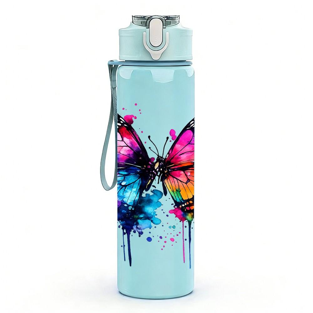 1PC Vibrant Watercolor Butterfly Art Print 750ml Color Plastic Sports Water Bottle Leakproof Flip Straw Lid Suitable for Sports Office Home Use