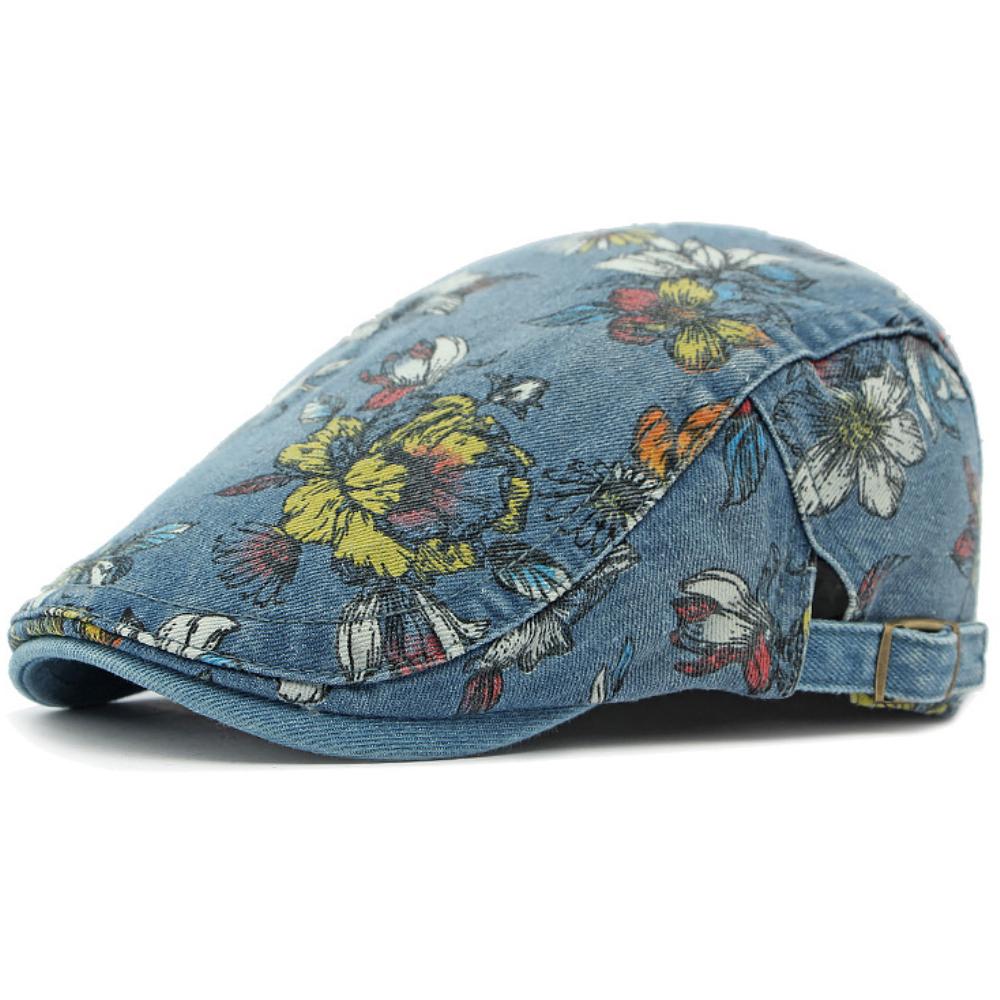 HT4338 Men Women Caps for Spring Autumn Flower Floral Beret Hat Washed Cotton Denim Beret Cap Male Female Artist Painter Cap Hat