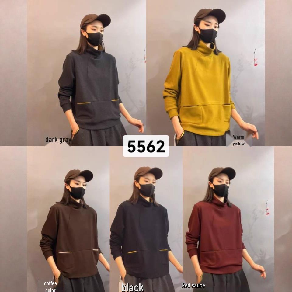 2025 Winter Velvet Color Block High Neck Warm Hoodie with Double Pockets for Women