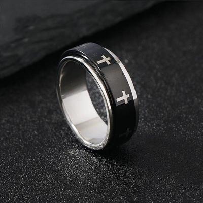 Drehbarer Metall Kreuzring für Männer Frauen Weiß in Schwarz Edelstahlring Punk Gothic Accessoires Christlich Zirkon Geschenk