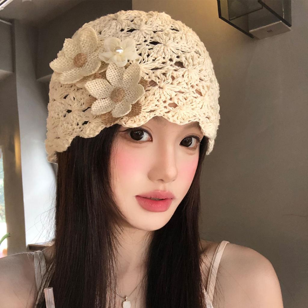 Hand-woven Hollow Flower Bald Hat Spring and Summer Thin Sweet Versatile Big Head Circumference Showing Face Small Pullover Hat