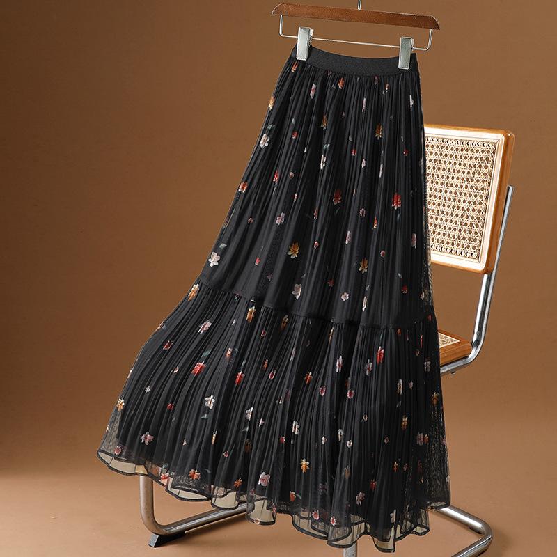 Women Spring Fall High Waist All Match Solid Color Flowers Mesh Pleated Skirt