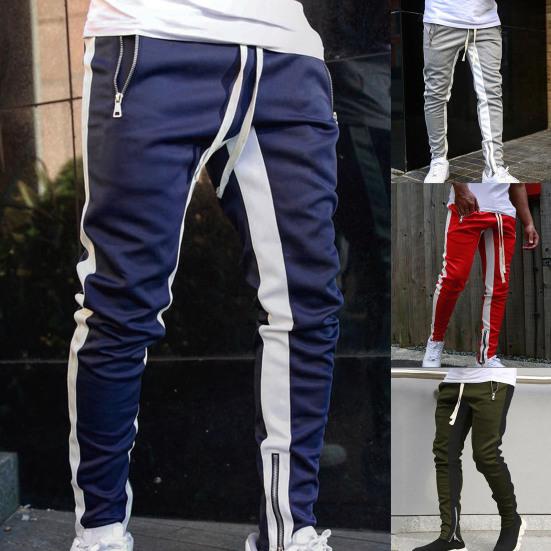 Men Sweatpants Contrast Colors Elastic Waist Drawstring Breathable Autumn Trousers for Jogging