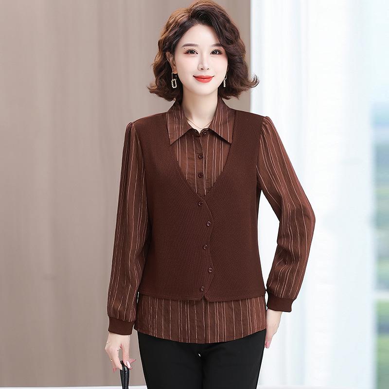 

Стильная омолаживающая полосатая рубашка-обманка из двух частей с отложным воротником для женщин - Весна 2025 XL (90-105 jin)