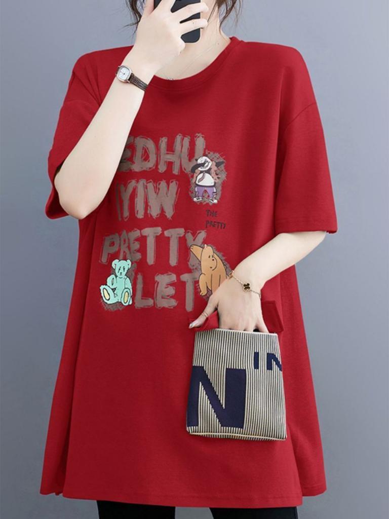 New Summer Women's T-shirt Short-sleeve Cotton Mid-Length Pocket Loose Slim Shirt Split Round Neck Cartoon Letter Printed Tops