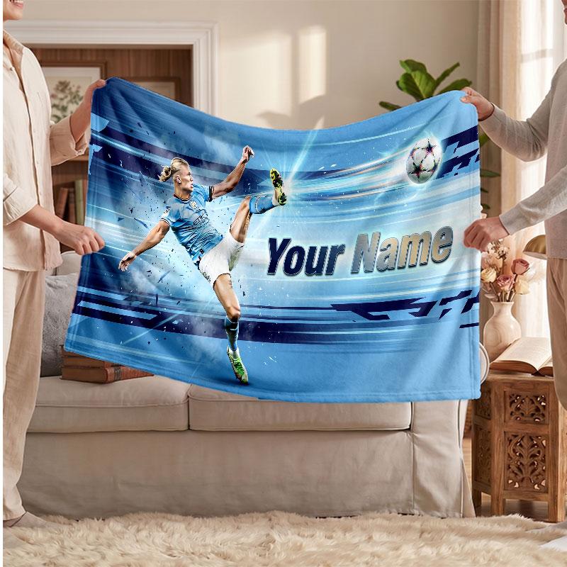 Erling Haaland Personalisierte Fleecedecke Mit Fußballlogo, Individueller Name Text Weich Warm Wohnzimmer Überwurfdecke