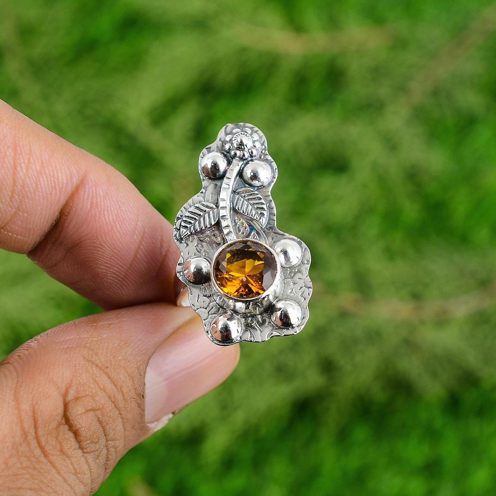 Mothers day Sale November Citrine Stone Flower Solitaire Ring Sterling Silver