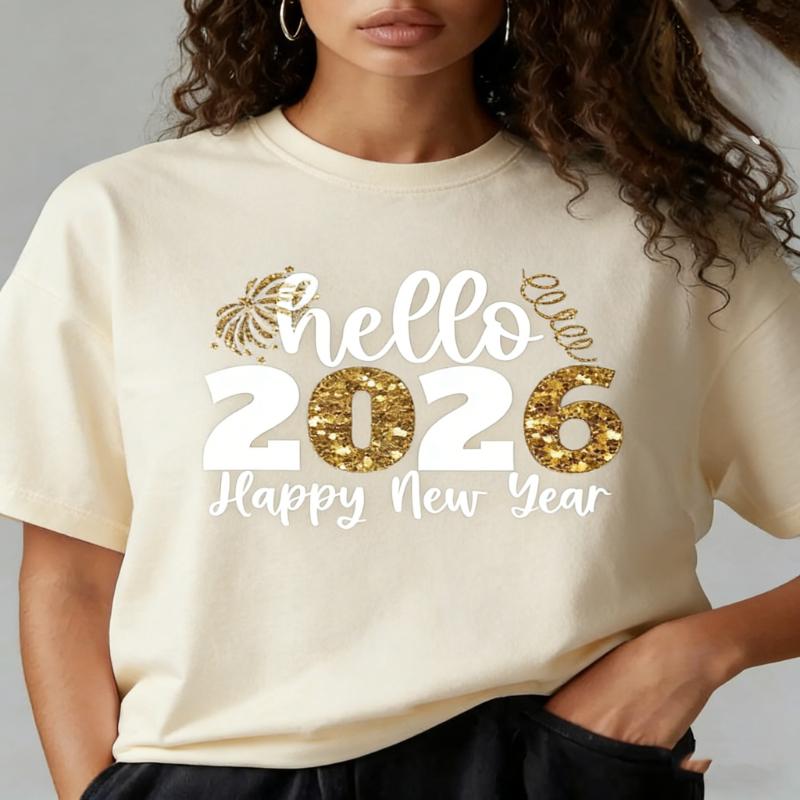 2026 Hello Womens TShirt Womens Happy New Year Pattern Print TShirt Top Summer Loose Casual Round Neck Short Sleeve TShirt