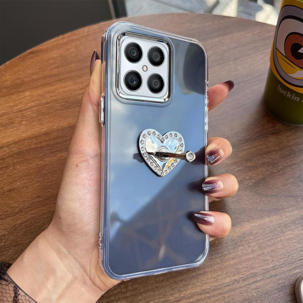 Luxury Bling Rhinestone Heart Ring Bracket Clear Phone Case for HONOR X7b 4G/5G,70 Pro,70 Pro+ Stand Cover