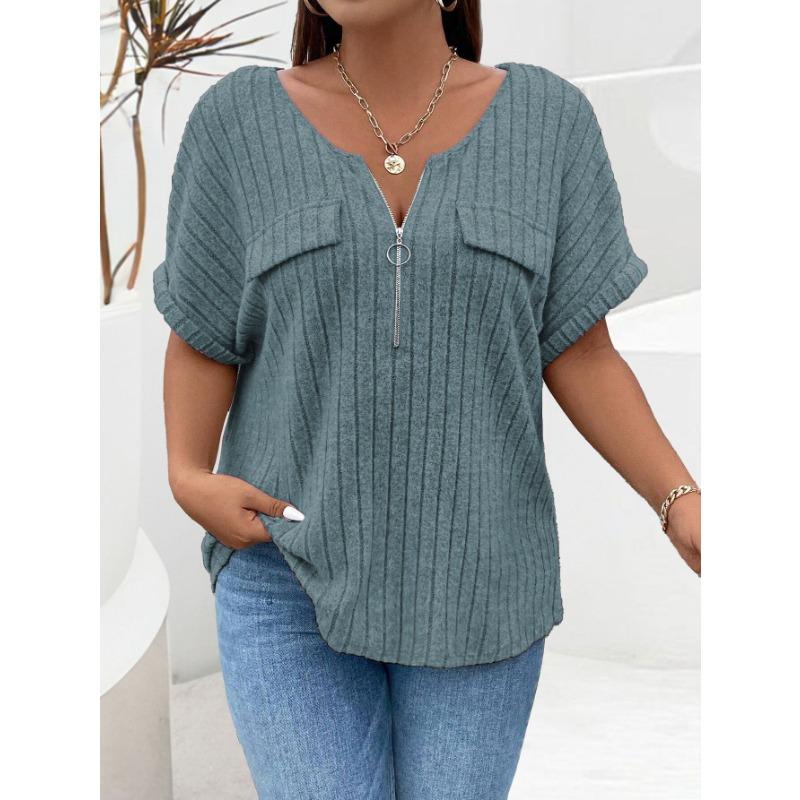 EastRogue Women's Fashion Casual Large Size Solid Color Print Summer Spring Short Sleeve V-Neck Loose Fake Pocket Pullover T-shirt