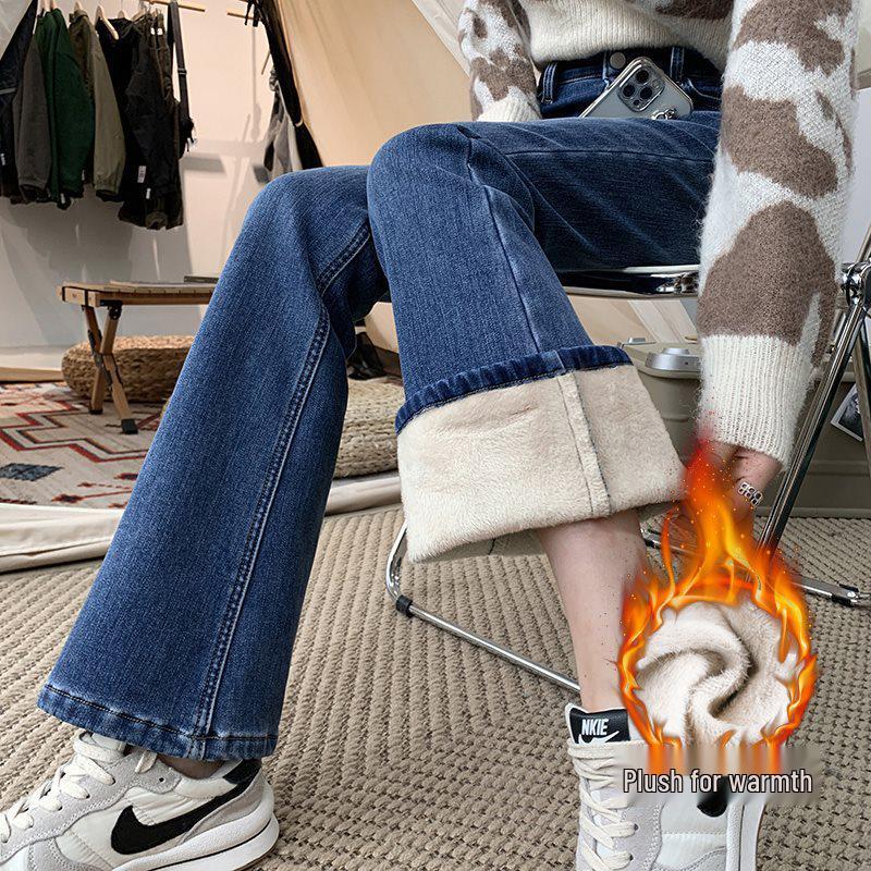 Hong Kong Style Velvet Flare Jeans - Women's Winter 2025 Retro Slim Fit Bell Bottoms