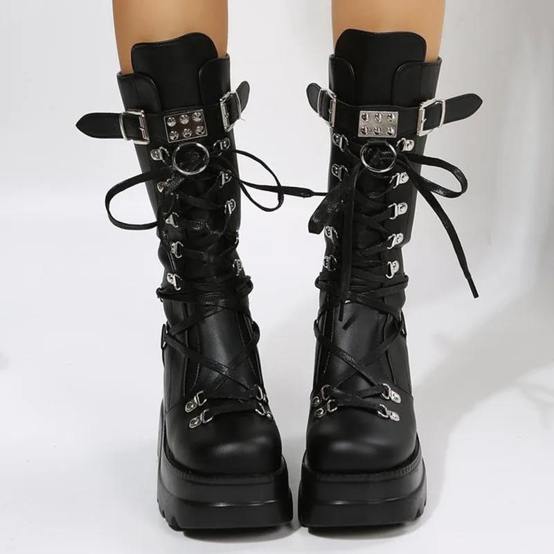 Modne czarne botki ze skóry PU do połowy łydki z metalową klamrą Okrągłe noski Buty damskie Na koturnie Obcasy Modne buty 2024 Zapatos Para Mujere
