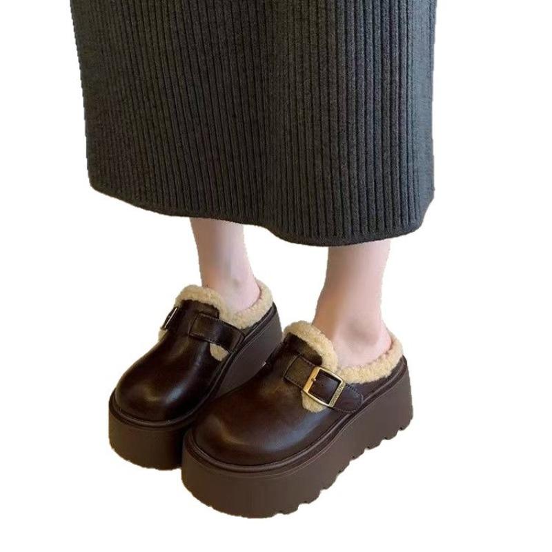 Thick-soled Height-increasing Sponge Shoes for Women with Fleece Toe Caps and Cotton Slippers