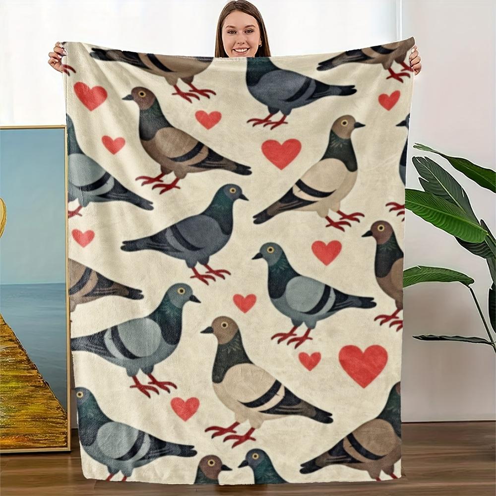 1Pc  Cute Pigeon Love Heart Print Flannel Throw Blanket Soft Cozy Warm Blanket For Home Couch Bed