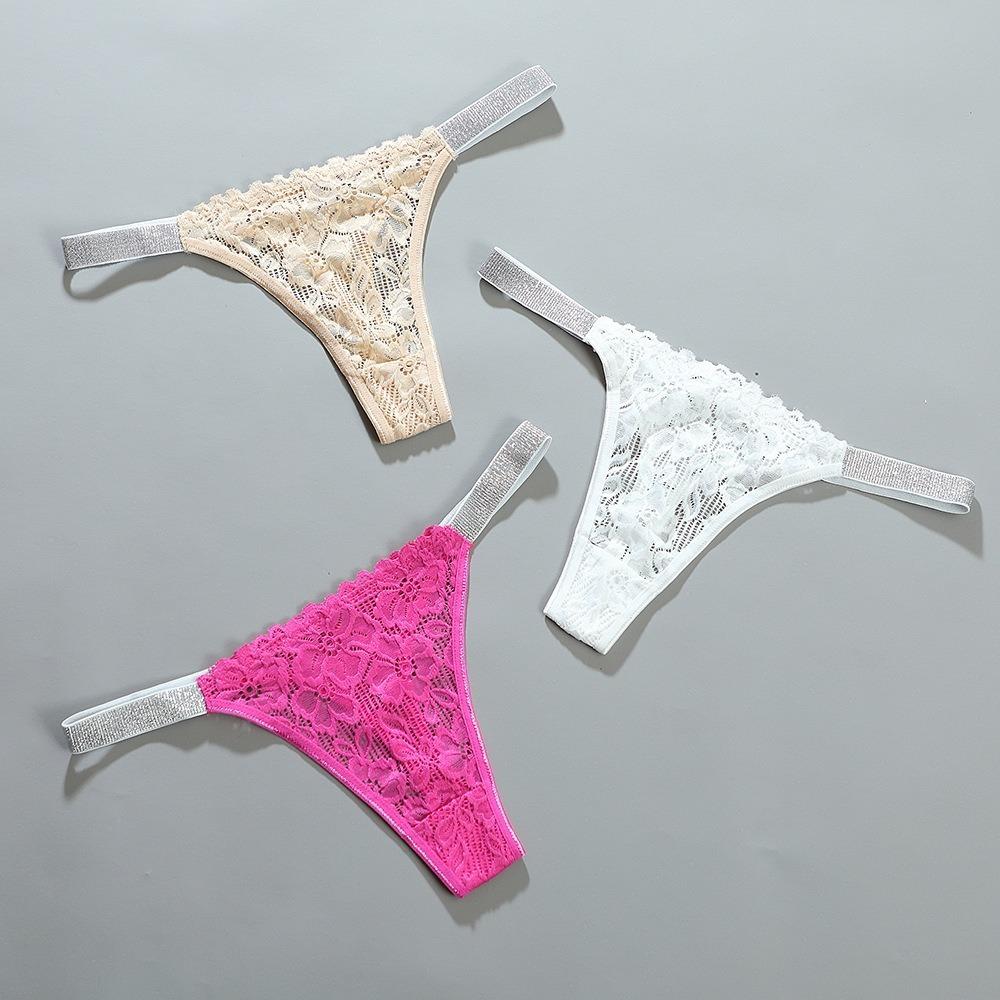 Transparent Lace Flower Panties Mid Waist Mesh Briefs Breathable Rhinestone Thong Ladies