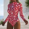 Women Plus Size High Neck Long Sleeve Front Zipper Floral Print One Piece Swimsuit