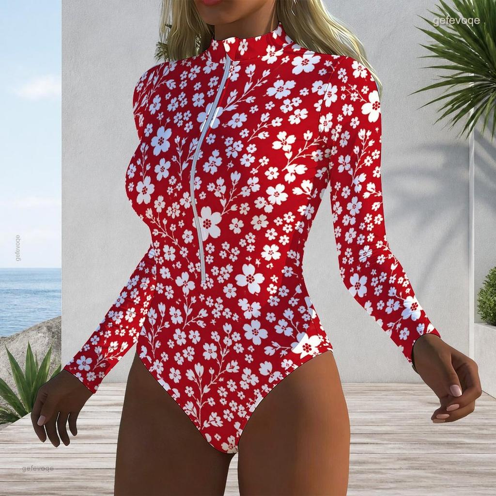 Women Plus Size High Neck Long Sleeve Front Zipper Floral Print One Piece Swimsuit