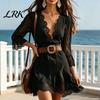 Simple Dress Women's Lace Trim Mini Dress, Deep V-Neck 3/4 Sleeve Casual Loose Short Summer High Waist A Line Boho Sundress Slimming Women