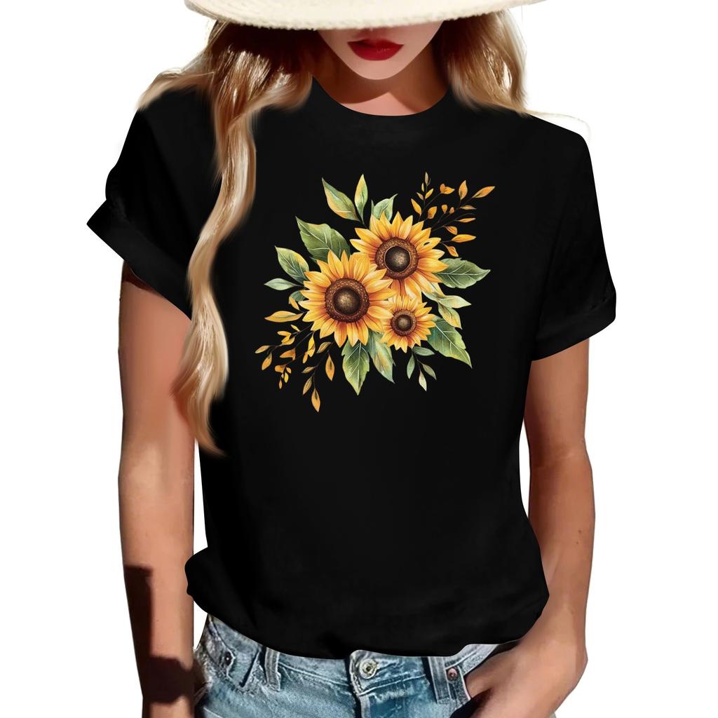 Women's Fashionable Round Neck Casual Retro Print Short Sleeved T-shirt Top