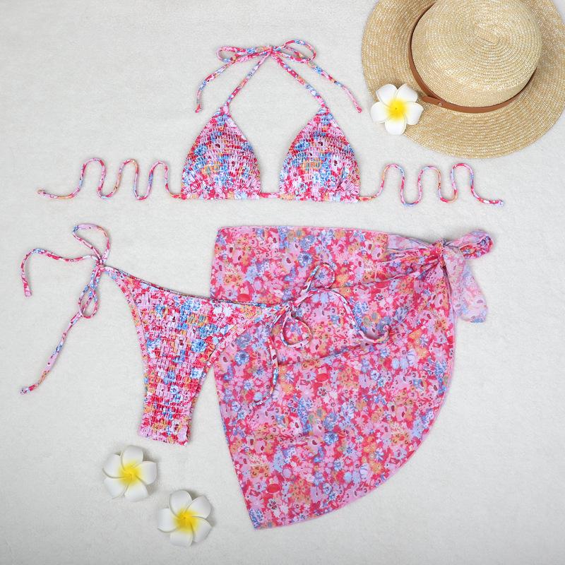 Europäisches und Amerikanisches Bedrucktes Dreiteiliges Bikini-Set mit Gaze-Rock - Sexy Urlaubs-Badeanzug