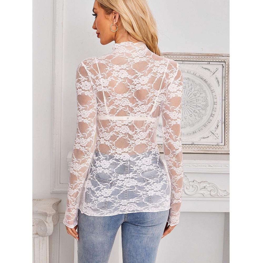 Dámské síťované průhledné krajkové topy s výstřihem do O-kroju a dlouhým rukávem, dámské slim fit květinové výšivkové topy, dámská trička