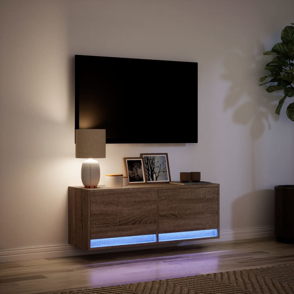 Wall Mounted TV Cabinet with LED Lighting Oak Effect 100 x 31 x 35 cm