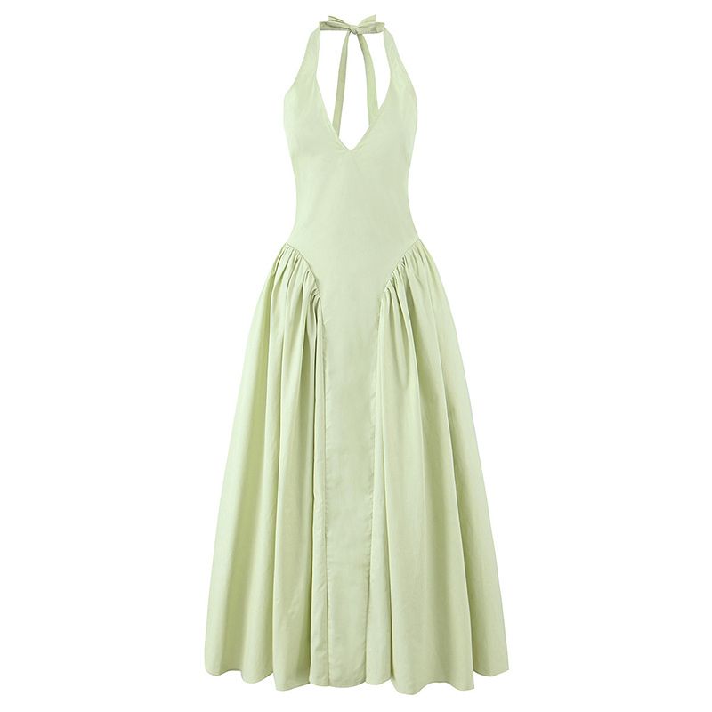 

Melno Chateau House Same Style French style Fresh Green Deep V-neck Backless Vacation Hanging Neck Long Dress Light green V Neck halterneck Long L