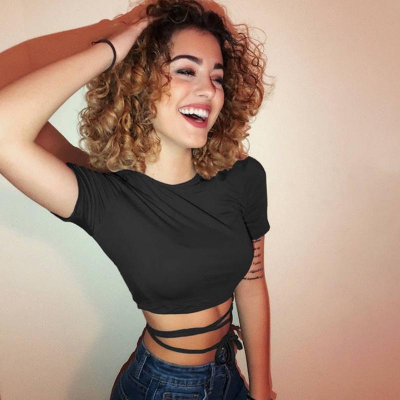 Top Solid Sexy Color Womens Oversized Sexy Open Navel Cross Strap Short Sleeve Tshirt Tightfitting Top