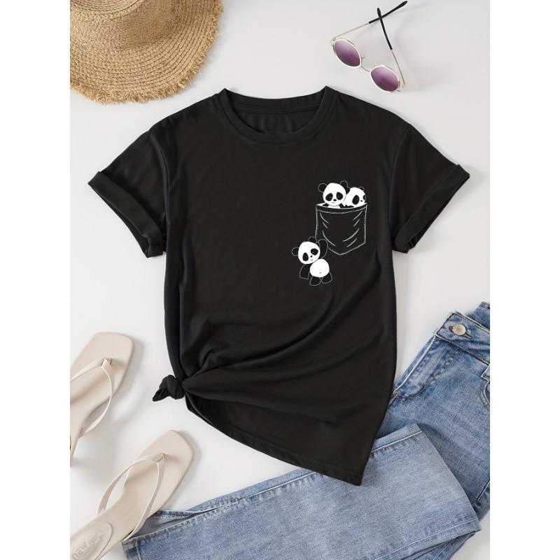 Panda printed round neck T-shirt, casual short sleeved women's clothing for spring and summer
