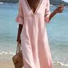 Spring Summer Women's Casual Loose Solid Color Cotton Lace V-neck Dress Leisure Trade