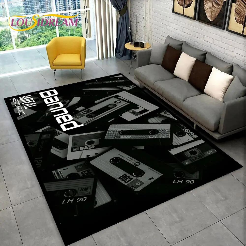 Alfombra de Área Grande con Patrón de Cinta de Cassette de Música Retro, Alfombra para Sala de Estar, Dormitorio, Sofá, Felpudo Decorativo, Felpudo Antideslizante